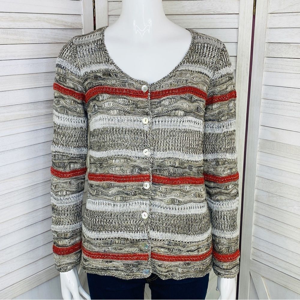The Tog Shop Button Front Open Weave Cardigan Sweater Taupe Multi PS‎